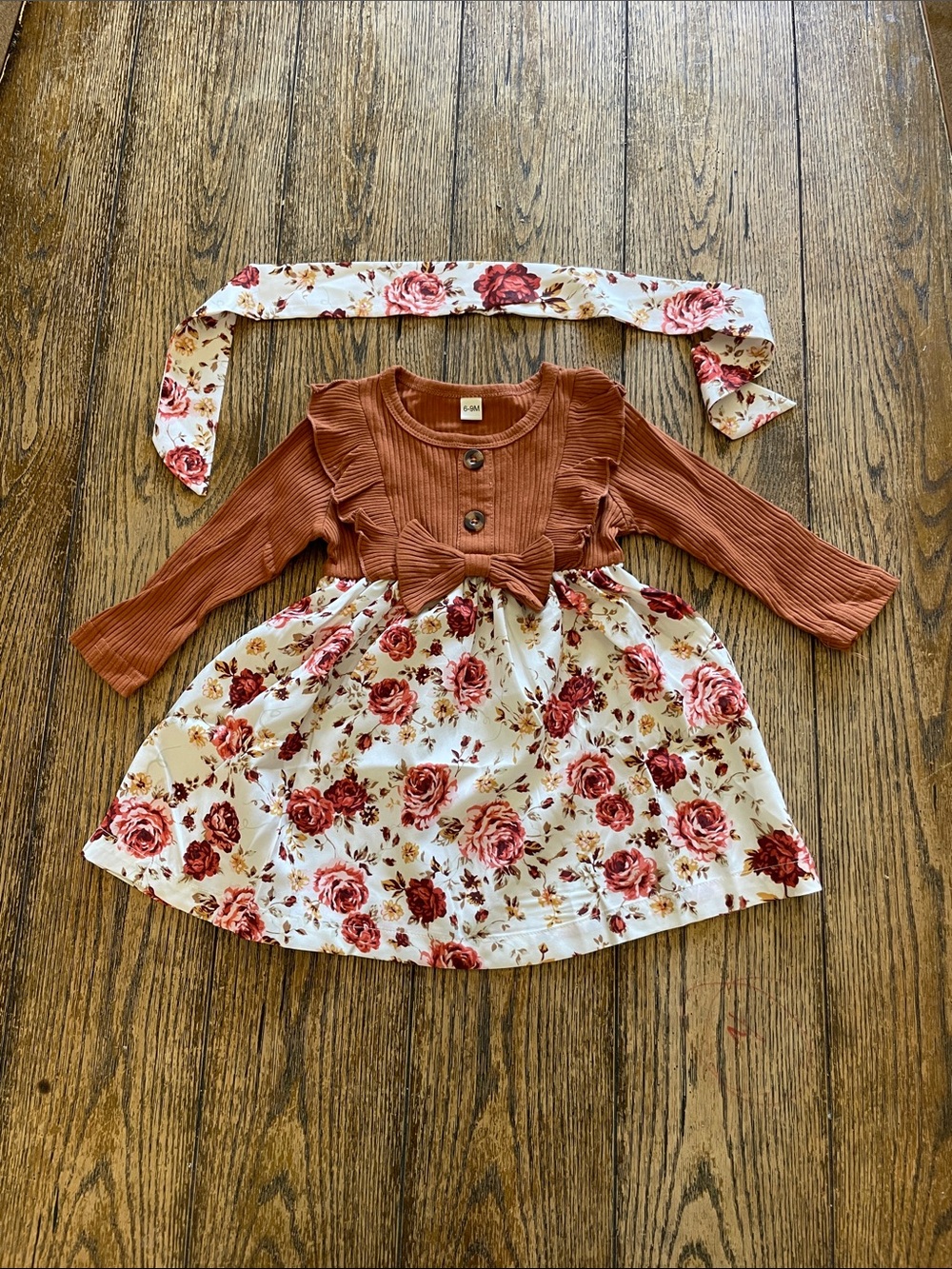 Rust Floral Bow-Front Long Sleeve Dress for Girls